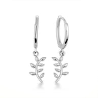 .925 Sterling Silver Olive Branch Leaves Huggie Hoop Earrings
