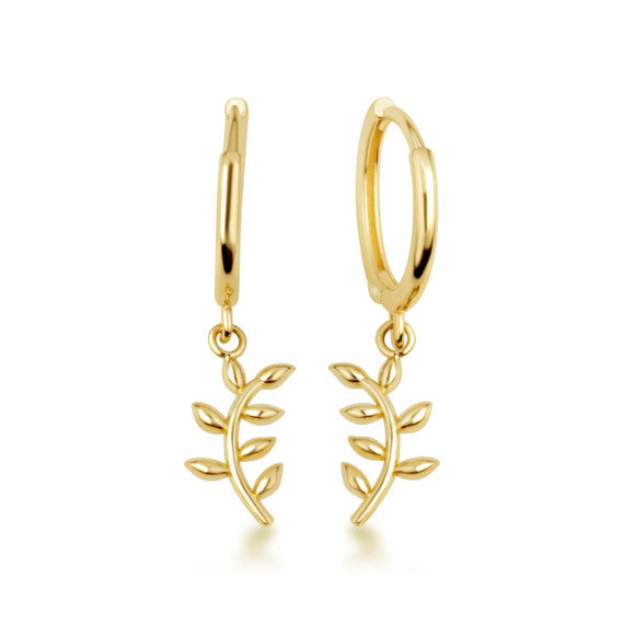 Yellow Gold Olive Branch Leaves Huggie Hoop Earrings