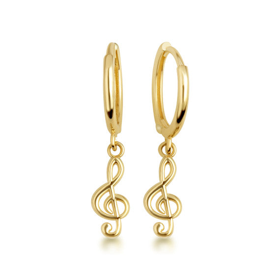 Yellow Gold Treble G Clef Music Note Huggie Hoop Earrings