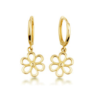 Yellow Gold Daisy Flower Drop Huggie Hoop Earrings