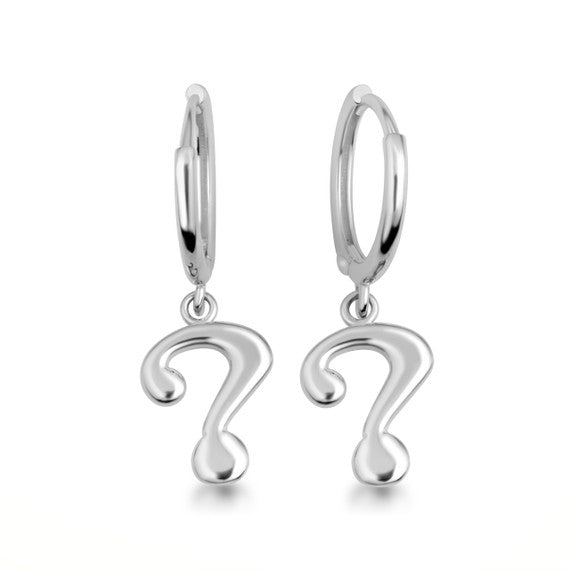 .925 Sterling Silver Question Mark Drop Huggie Hoop Earrings