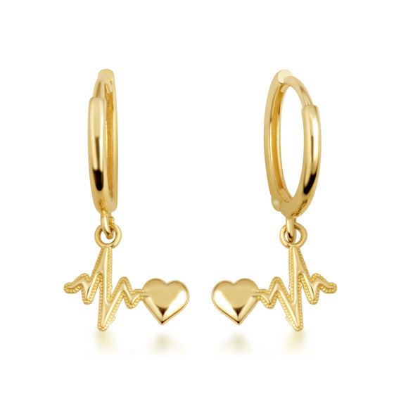 Yellow Gold Heartbeat Pulse Milgrain Huggie Hoop Earrings