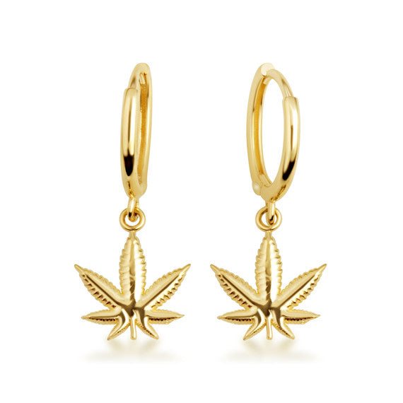 Yellow Gold Marijuana Weed Leaf Drop Huggie Hoop Earrings