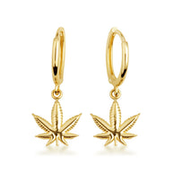Yellow Gold Marijuana Weed Leaf Drop Huggie Hoop Earrings