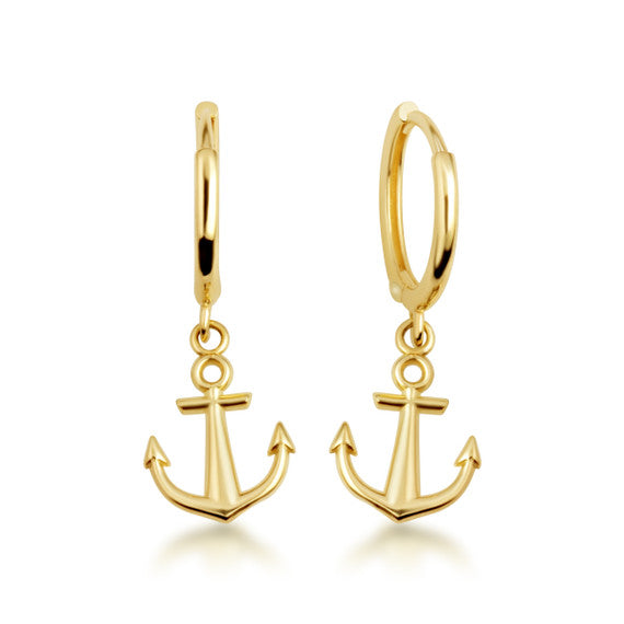 Yellow Gold Nautical Ship Anchor Huggie Hoop Earrings