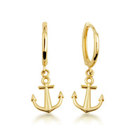 Yellow Gold Nautical Ship Anchor Huggie Hoop Earrings