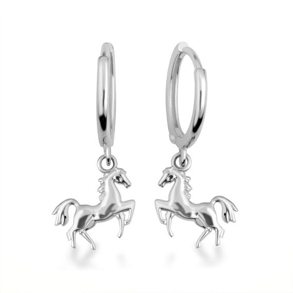 .925 Sterling Silver Horse Stallion Drop Huggie Hoop Earrings