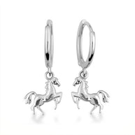 .925 Sterling Silver Horse Stallion Drop Huggie Hoop Earrings