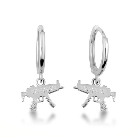 .925 Sterling Silver Machine Gun Drop Huggie Hoop Earrings