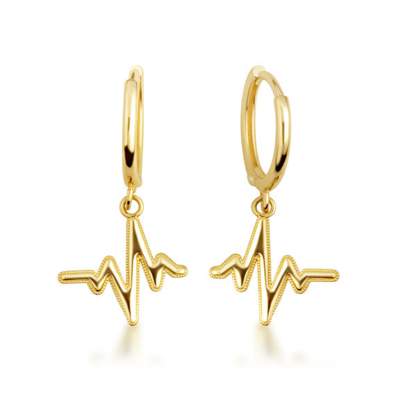 Yellow Gold Heartbeat Pulse Milgrain Drop Huggie Hoop Earrings