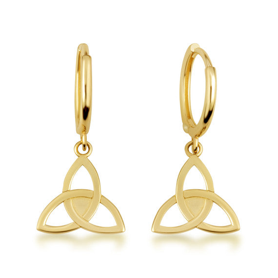 Yellow Gold Celtic Trinity Irish Drop Huggie Hoop Earrings
