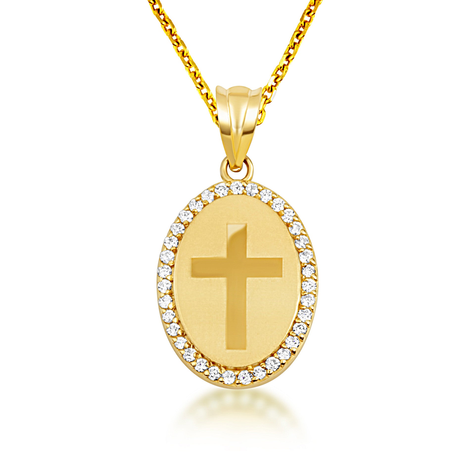 Gold Diamond Cross Halo Oval Medallion Pendant Necklace (Available in Yellow/Rose/White Gold)