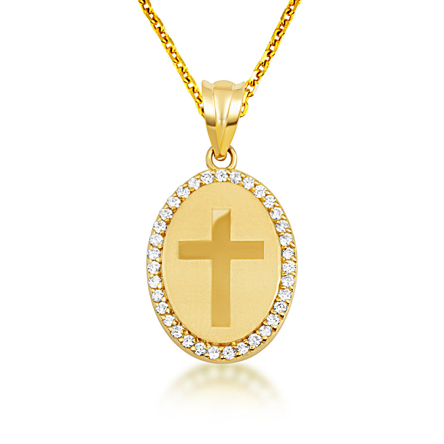 Gold Diamond Cross Halo Oval Medallion Pendant Necklace (Available in Yellow/Rose/White Gold)