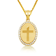 Gold Diamond Cross Halo Oval Medallion Pendant Necklace (Available in Yellow/Rose/White Gold)