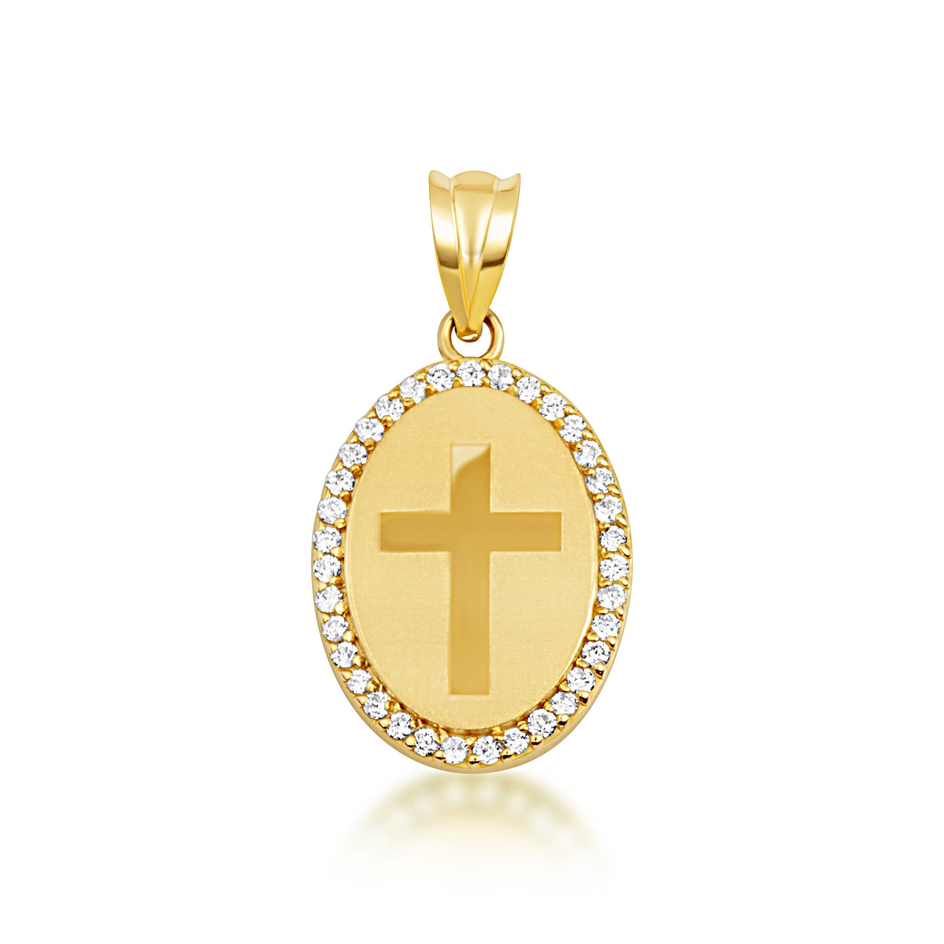 Gold Diamond Cross Halo Oval Medallion Pendant Necklace (Available in Yellow/Rose/White Gold)