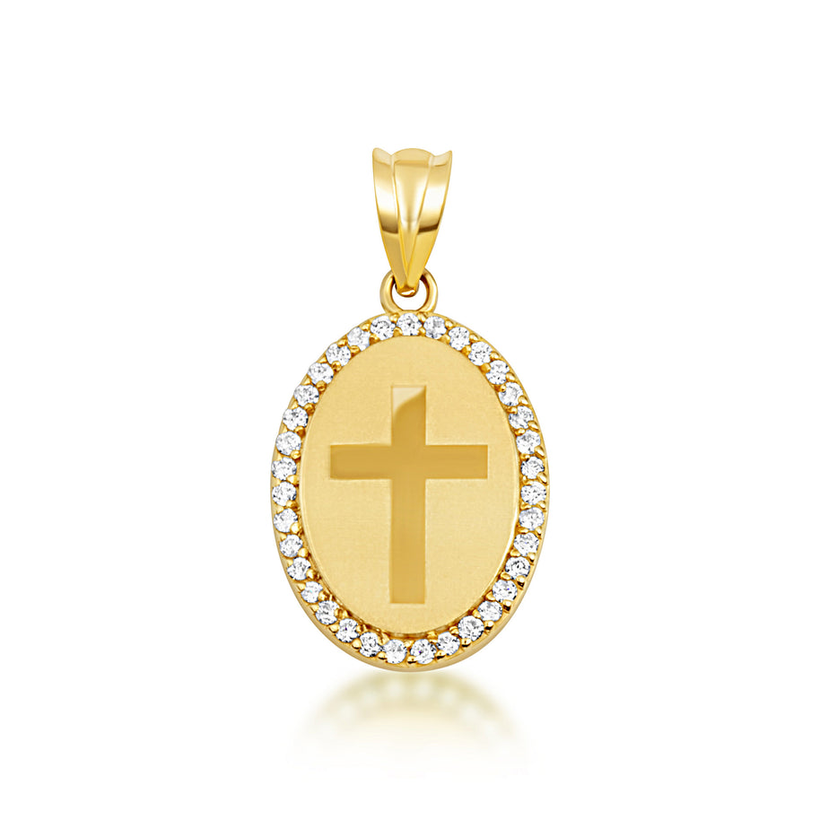Gold Diamond Cross Halo Oval Medallion Pendant Necklace (Available in Yellow/Rose/White Gold)