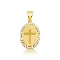 Gold Diamond Cross Halo Oval Medallion Pendant Necklace (Available in Yellow/Rose/White Gold)