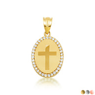 Gold Diamond Cross Halo Oval Medallion Pendant Necklace (Available in Yellow/Rose/White Gold)