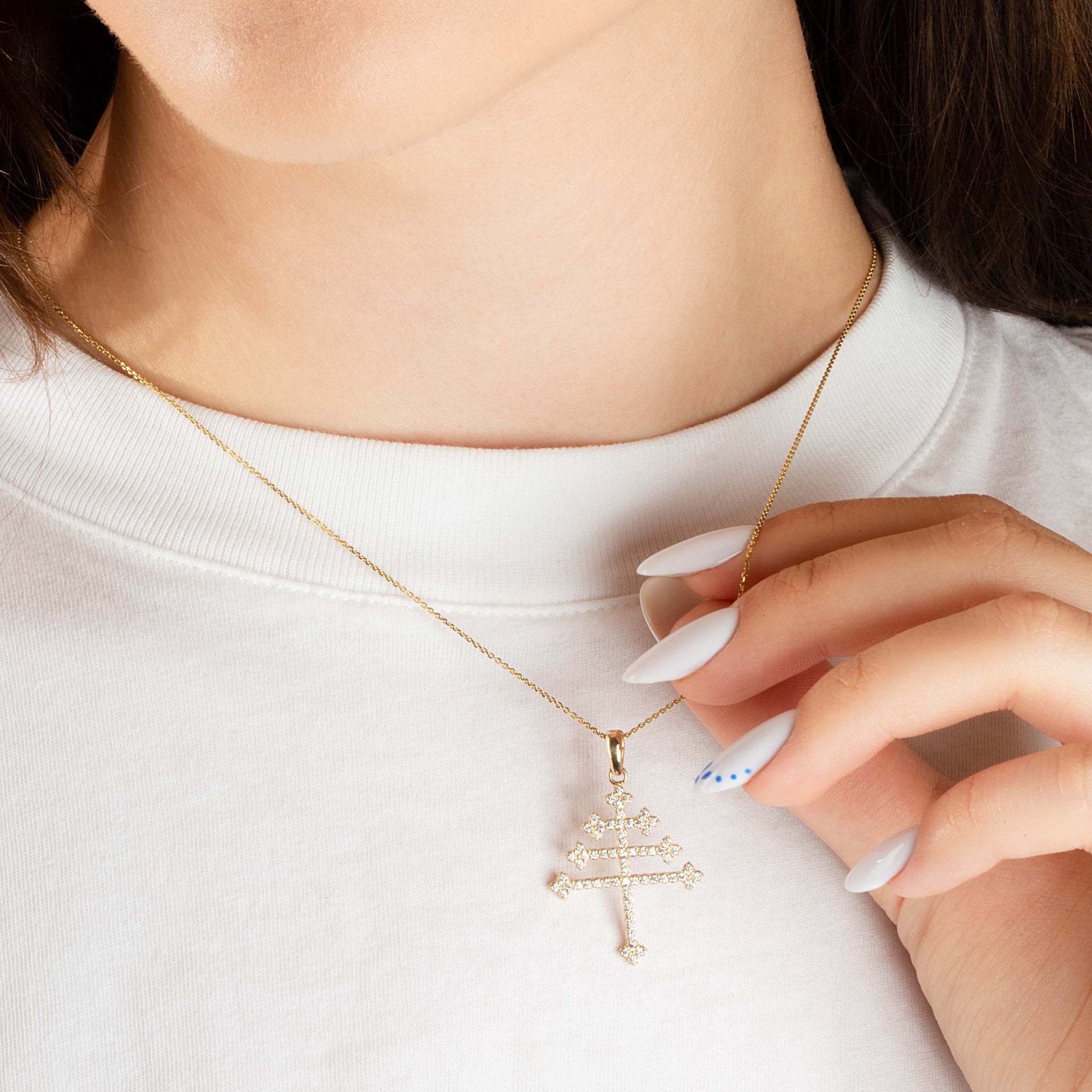 14K Gold Diamond Studded Papal Cross Pendant Necklace (Available in Yellow/Rose/White Gold)
