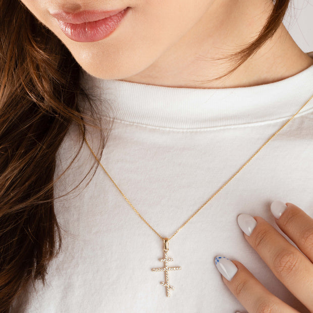 14K Gold Diamond Russian Orthodox Cross Crucifix Pendant Necklace (Available in Yellow/Rose/White Gold)