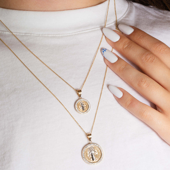 14K Two-Tone Gold Saint Benedict Diamond Halo Medallion Pendant Necklace (Available in Small/Large & Yellow/Rose/White Gold)