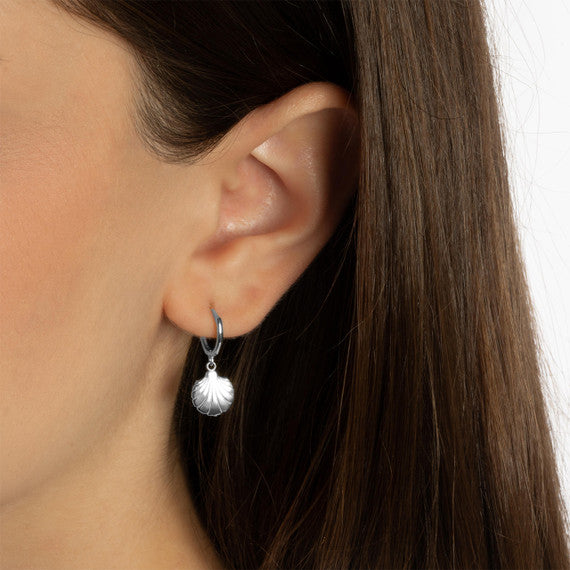 .925 Sterling Silver Beach Seashell Drop Huggie Hoop Earrings