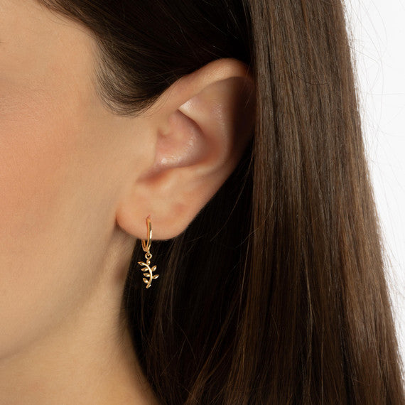 Yellow Gold Olive Branch Leaves Huggie Hoop Earrings