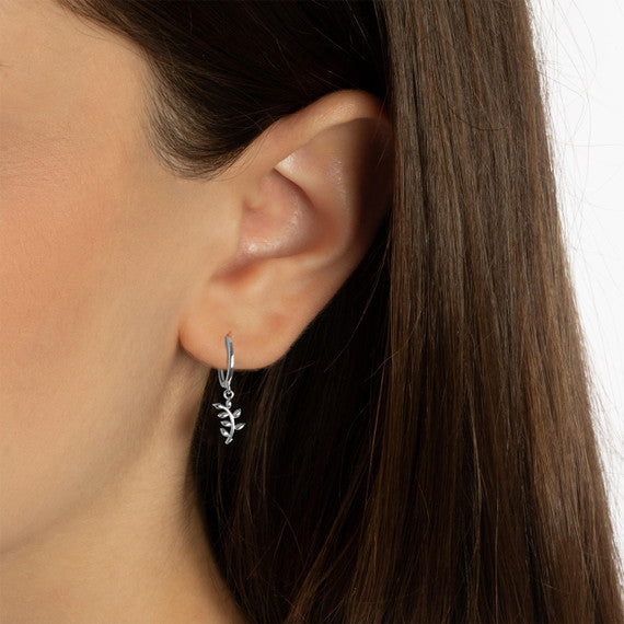 .925 Sterling Silver Olive Branch Leaves Huggie Hoop Earrings