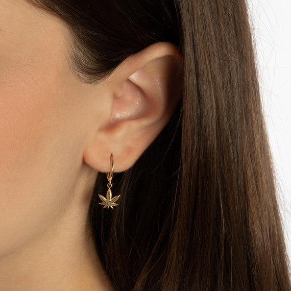 Yellow Gold Marijuana Weed Leaf Drop Huggie Hoop Earrings