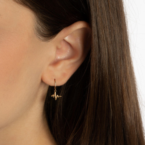 Yellow Gold Heartbeat Pulse Milgrain Drop Huggie Hoop Earrings
