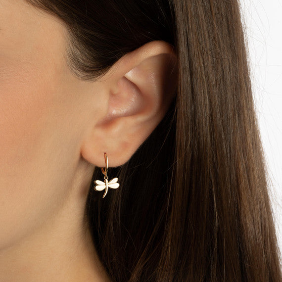 Yellow Gold Dragonfly Nature Drop Huggie Hoop Earrings