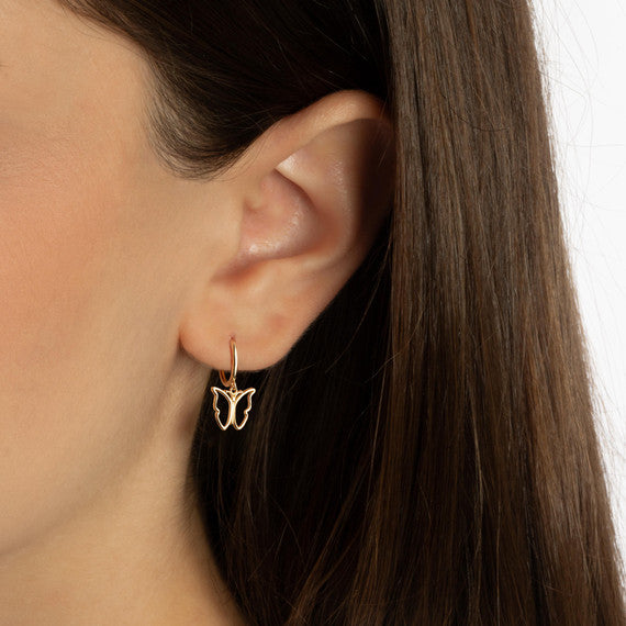 Yellow Gold Butterfly Nature Drop Huggie Hoop Earrings