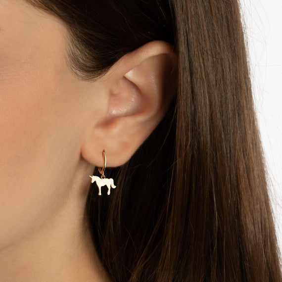 Yellow Gold Unicorn Horse Drop Huggie Hoop Earrings