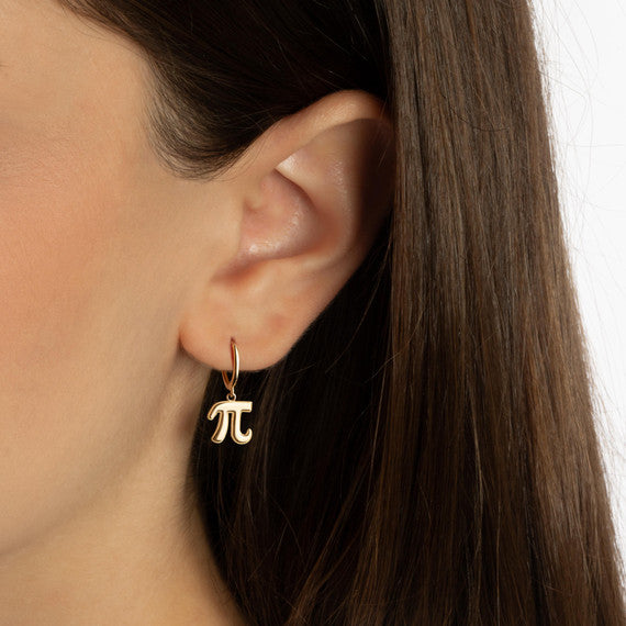 Yellow Gold Pi Symbol Mathematical Milgrain Drop Huggie Hoop Earrings