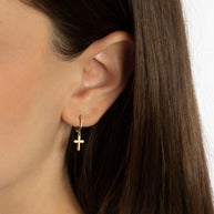 Yellow Gold Cross Crucifix Jesus Christ Milgrain Drop Huggie Hoop Earrings