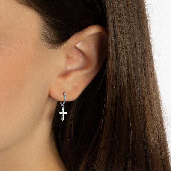 .925 Sterling Silver Cross Crucifix Jesus Christ Milgrain Drop Huggie Hoop Earrings