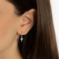 .925 Sterling Silver Cross Crucifix Jesus Christ Milgrain Drop Huggie Hoop Earrings