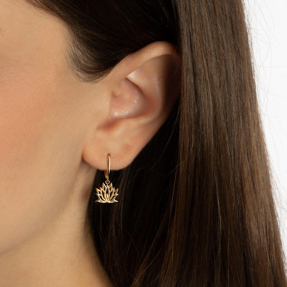 Yellow Gold Lotus Bloom Flower Drop Huggie Hoop Earrings