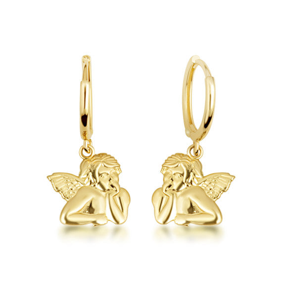 Yellow Gold Cherub Angel Drop Huggie Hoop Earrings