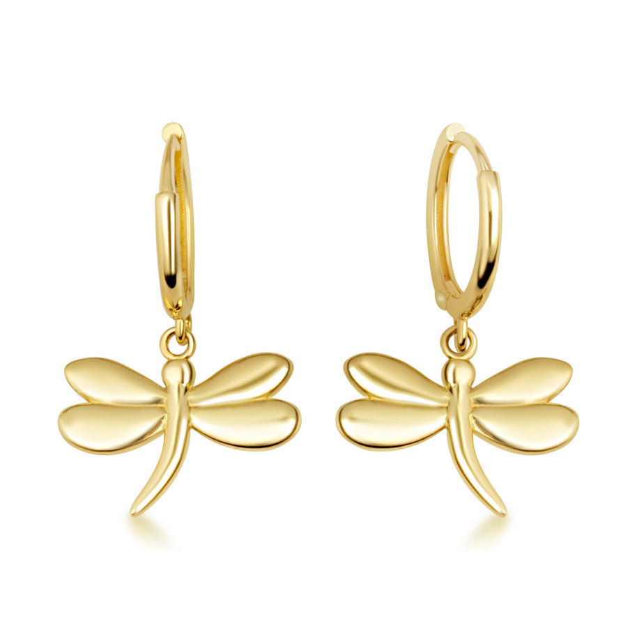 Yellow Gold Dragonfly Nature Drop Huggie Hoop Earrings