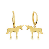 Yellow Gold Unicorn Horse Drop Huggie Hoop Earrings
