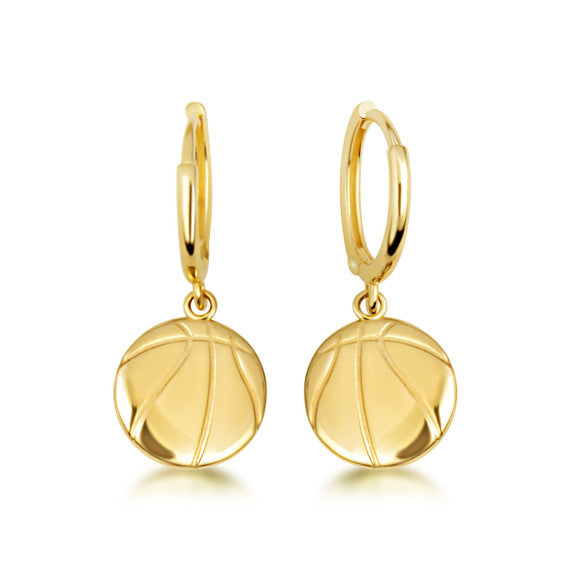 Yellow Gold Basketball Sports Athletic Drop Huggie Hoop Earrings
