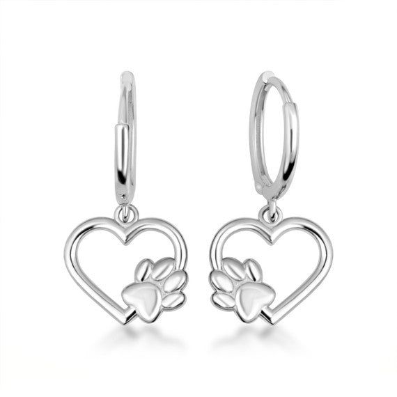 .925 Sterling Silver Dog Paw Print Heart Drop Huggie Hoop Earrings