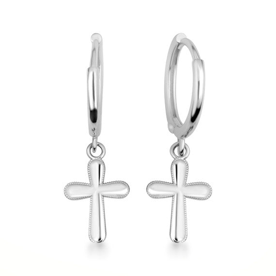 .925 Sterling Silver Religious Cross Milgrain Drop Huggie Hoop Earrings