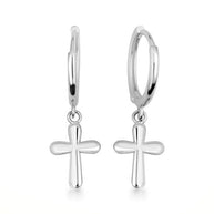 .925 Sterling Silver Religious Cross Milgrain Drop Huggie Hoop Earrings