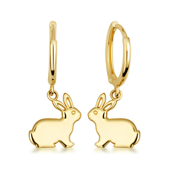 Yellow Gold Bunny Rabbit Drop Huggie Hoop Earrings