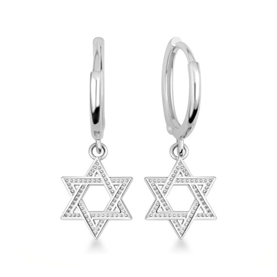 .925 Sterling Silver Jewish Star Of David Textured Drop Huggie Hoop Earrings