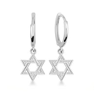 .925 Sterling Silver Jewish Star Of David Textured Drop Huggie Hoop Earrings