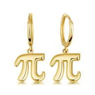 Yellow Gold Pi Symbol Mathematical Milgrain Drop Huggie Hoop Earrings