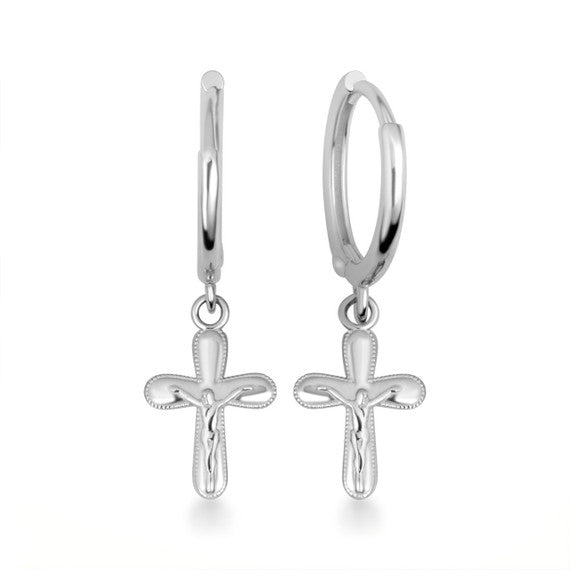 .925 Sterling Silver Cross Crucifix Jesus Christ Milgrain Drop Huggie Hoop Earrings